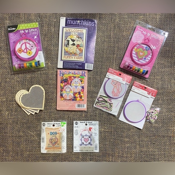Unbranded Other - Cross Stitch Lot 8 Kits And 4 Wooden Hearts (Easter kit no thread) New Vintage